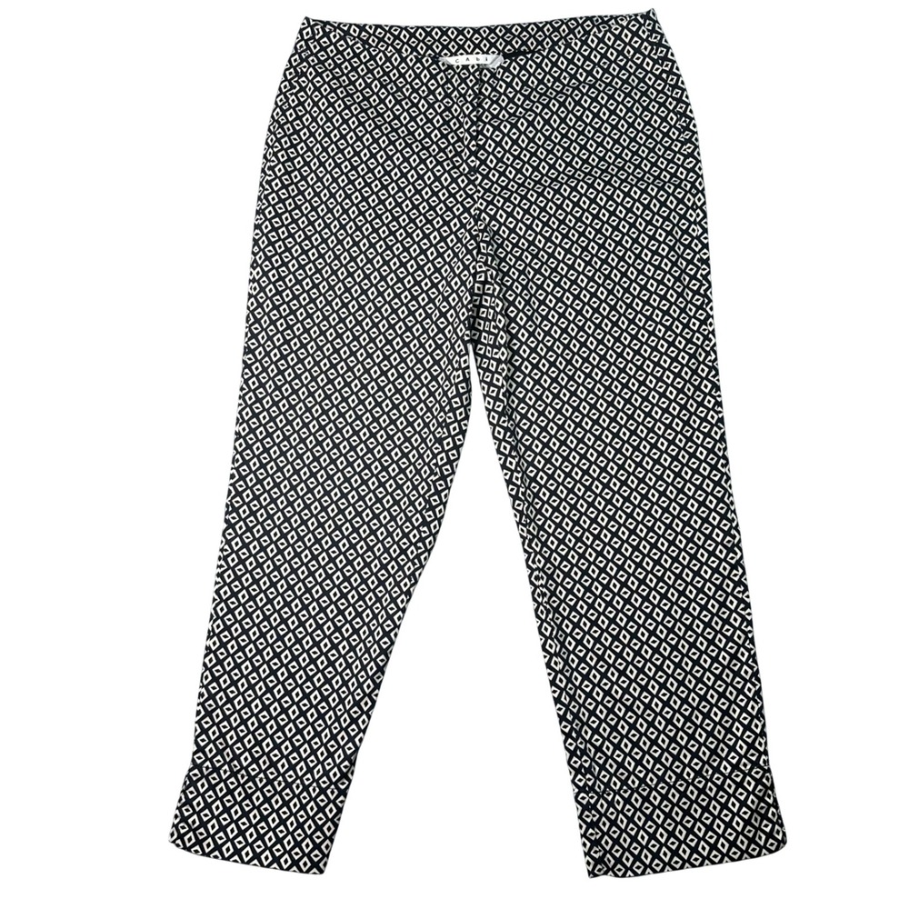 Cabi Black White Diamond Print Cropped Trousers Side Zip Slim Pants Boho Size 4